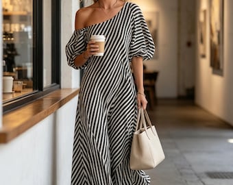 Vestido largo de mujer estilo boho a rayas con un solo hombro, vestido largo informal de manga abullonada suelta, vestido largo veraniego fluido para la playa.