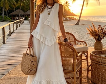 Conjunto casual de duas peças estilo boho: blusa sem mangas com babados e saia longa — Look casual de verão feminino