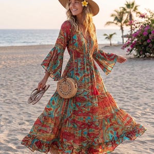 Vestido largo de verano estilo boho para mujer, con cintura abotonada, escote en V, mangas acampanadas, vaporoso e informal, ideal para vacaciones en la playa.