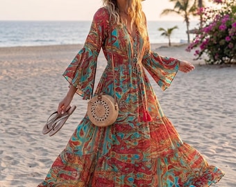 Robe longue d'été pour femmes de style bohème, taille boutonnée, col en V, manches évasées, robe longue fluide et décontractée pour les vacances à la plage