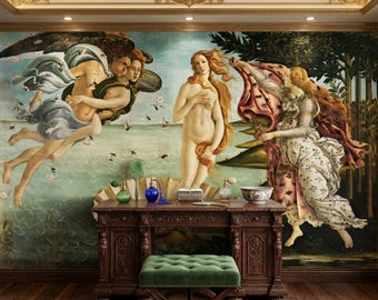 Mural de pared de arte renacentista "El nacimiento de Venus" en tonos verde azulado y dorado, decoración de dormitorio estilo "Dark Academia", pared decorativa estilo "Museo Vintage" - WP0050