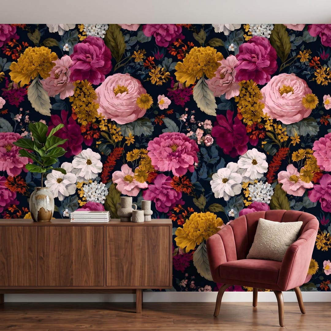 Dark Floral Wallpaper Peel and Stick, Moody Botanical Wall Mural ...