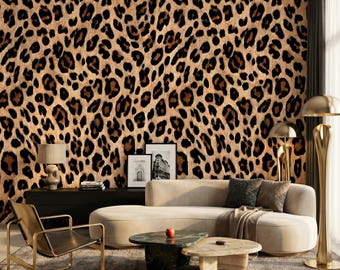 Brun och brun leopardmönstrad texturerad tapet, maximalistisk djurhudsmålning, exotisk gepardmönster heminredning-WP0051