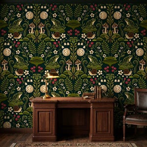 May include: A dark green wallpaper featuring a repeating pattern of frogs, snails, mushrooms, ferns, and moon phases. The design includes small white flowers and red berries arranged in a symmetrical botanical layout across the entire surface.