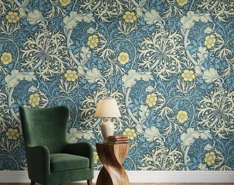 Papel pintado estilo William Morris – Mural botánico color turquesa – Decoración floral vintage autoadhesiva