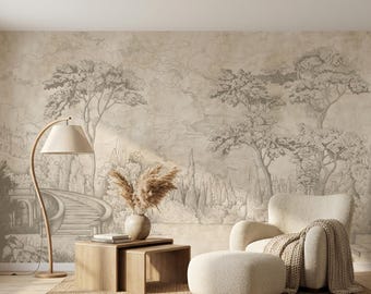 Vintage Sketch Landscape Mural, Antique Nature Wall Art, Neutral Toile Decor-WP0014