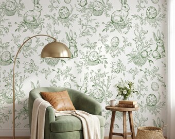 Tapeta toile z motywem króliczka w kolorze szałwii, odklejana i przyklejana, dekoracja ścienna do pokoju dziecięcego Cottagecore – WP0013