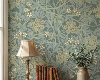 Papel pintado floral de William Morris / Mural botánico autoadhesivo verde salvia (Cottagecore Decor)