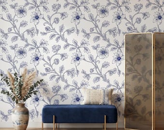 Blue Floral Toile Wallpaper, Chinoiserie Botanical Peel and Stick Wall Mural