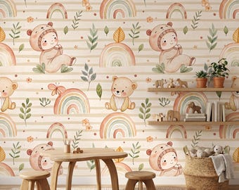 Boho Teddy Bear Rainbow Nursery Wallpaper, Watercolor Baby Room Mural-WP0035