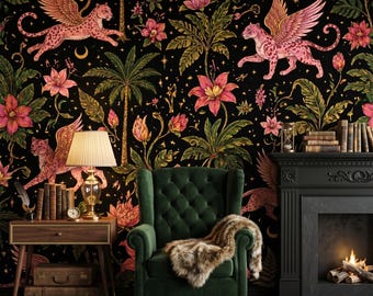 Papel de Parede Pantera da Selva Rosa e Preta, Mural de Parede Tropical Maximalista, Decoração Celestial Caprichosa, Papel de Parede Botânico Escuro - WP0043