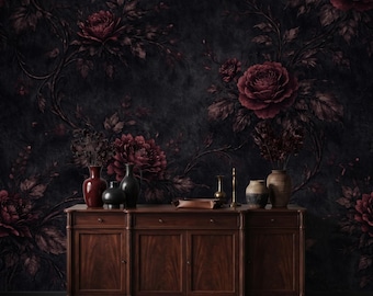 Dark Floral Wallpaper – Gothic Victorian Rose Mural, Dark Academia Removable Wall Art