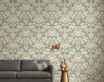 Sage Green William Morris Style Floral Wallpaper, Vintage Botanical Art Nouveau Wall Decor, Cottagecore Aesthetic Home Accents-WP0089