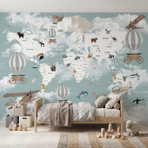 May include: A child's bedroom with a world map mural, featuring animal illustrations and vintage airplanes. The room includes a wooden bed, storage bins, and decorative elements like a sheep figurine and wooden blocks.