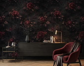 Papier peint floral foncé, décoration murale gothique rose bordeaux, décor Dark Academia (à retirer et à coller)-WP0020