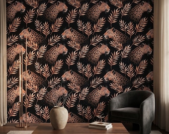 Black and Copper Leopard Jungle Maximalist Wallpaper, Moody Tropical Cheetah Wall Decor, Dark Academia Aesthetic Home Improvement-WP0052