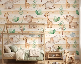 Watercolor Safari Nursery Wallpaper, Elephant Giraffe Boho Animal Mural, Neutral Baby Room Art-WP0036