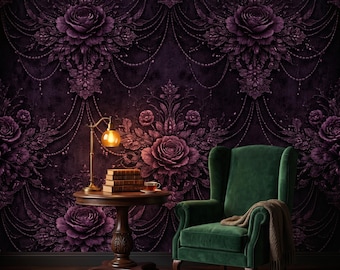 Gothic Floral Wallpaper | Moody Purple Damask Wall Mural (Peel and Stick)