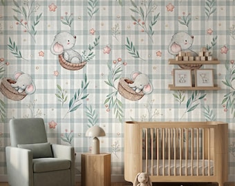 Sage Green Nursery Wallpaper, Elephant Gingham Wall Mural, Boho Baby Room Decor, Watercolor Animal Wallpaper, Neutral Nursery Art-WP0039