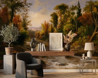 Oil Painting Landscape Mural, Autumn Earth Tones, Classical River Scene Wallpaper-WP0076