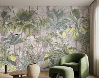 Muted Green Vintage Botanical Jungle Mural, Tropical Palm Leaf Accent Wall (Peel and Stick)-WP0032