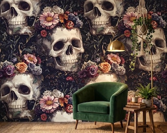 Papel pintado gótico con calaveras y flores, decoración de pared vintage macabra de estilo Dark Academia-WP0031