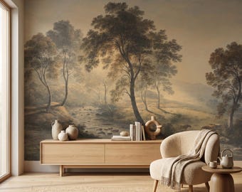 Vintage Landscape Peel and Stick Wall Mural | Antique Pastoral Farmhouse Decor (Removable Wallpaper)