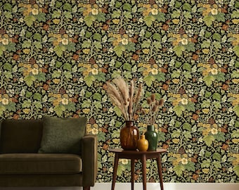 Dark Green William Morris Style Floral Wallpaper, Vintage Botanical Wall Decor, Maximalist Cottagecore Art, Moody Art Nouveau Pattern-WP0080