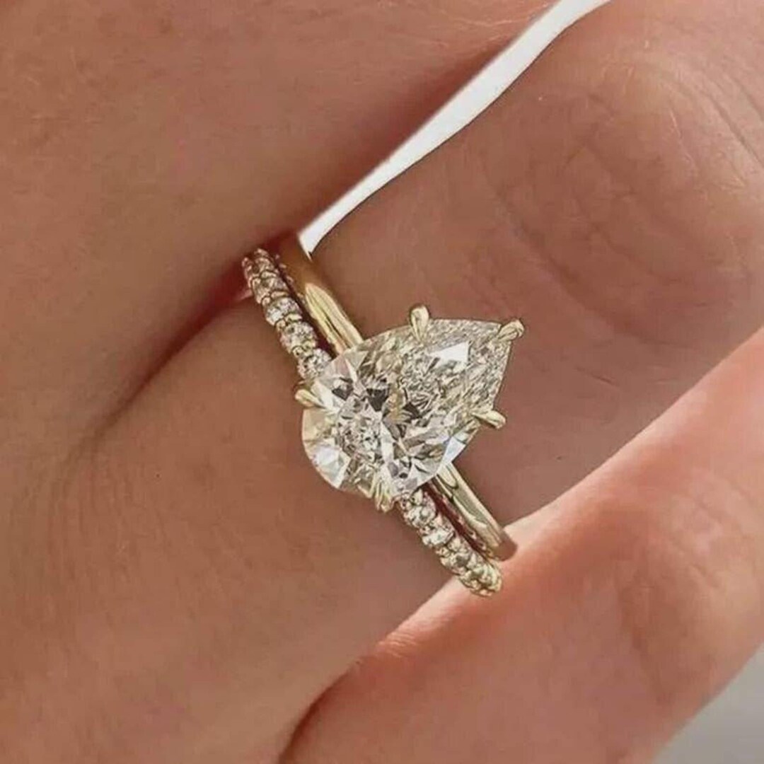 Pear Cut Moissanite 14K Yellow Gold Bridal Set,pear Cut Engagement Ring ...