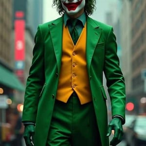 May include: A vibrant green suit jacket and matching trousers paired with a bright yellow button-down waistcoat. The ensemble includes a dark green dress shirt and a dark green tie. The figure wears dark green gloves and has white face paint.