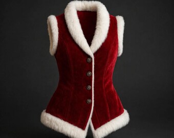 Handgefertigte rote Samtweste für Damen, Weihnachtsmannweste mit Kunstpelzbesatz, Weihnachtsfrau-Weste