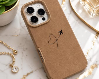 Airplane Route Heart iPhone Case, Faux Leather Travel Lover Cover