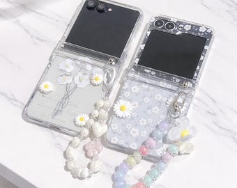 Floral Daisy Samsung Z Flip Case with Wrist Strap, Protective Cover