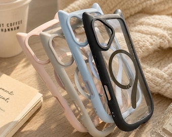 Cat Ear MagSafe iPhone Case, Transparent Protective Cover with Wrist Strap