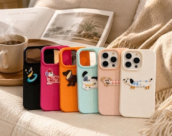 Embroidered Puppy iPhone Case, Korean Dog Protective Cover, Soft Touch Grip