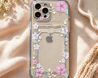 Floral Transparent iPhone Case with Card Holder, Protective Cover