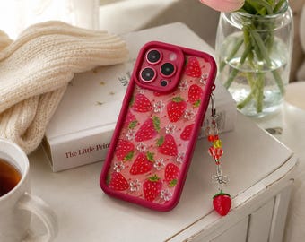 Strawberry Floral iPhone Case, Hand-Painted Pendant Protective Cover