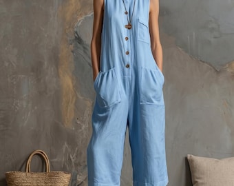 jumpsuit sleeveless wide leg overalls with pockets boho casual wear for women.