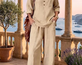 Soft lightweight two-piece set, V-neck henley long sleeve top pocket wide leg trousers, travel, loungewear &casual daily wear.