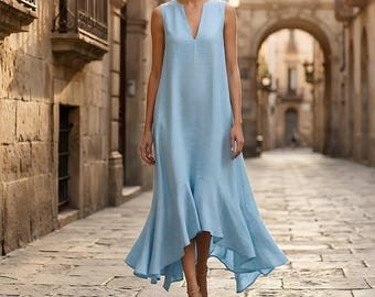 Elegant V-neck maxi dress with a ruffled high-low hem. Perfect for summer events.