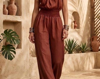 Ademende halterjumpsuit met gesmokte elastische taille zwierige wijde pijpen, boho-casual vakantie-outfit voor zomer, strand, brunch en reizen