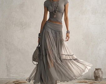 Boho maxi-rok damesset met kanten rand vloeiende rok en top, tweedelige boho-outfit festivalkleding