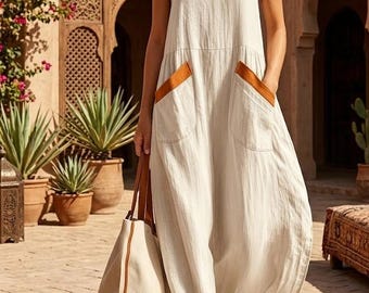 Oversized mouwloze maxi-jurk met V-hals, vloeiende losse pasvorm, aardeneutrale tinten, casual boho-outfit voor zomerstrand, reizen en dagelijks gebruik.