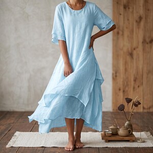 flowy layered dresses Romantic Viscose Midi Dress, Cottagecore Puff Sleeve Dress, Ruffle Layered  Dress, Vintage Inspired Boho Dress, Flowy Aesthetic Dress