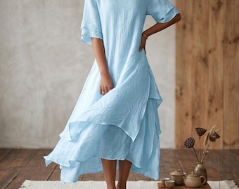 midi dress layered flowy silhouette minimalist zen style  perfect for summer casual & beach wear.