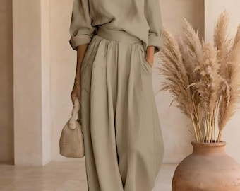 Off-shoulder rolled sleeve two-piece set with high waist wide leg , available in 4 tones for resort, beach casual daily wear.