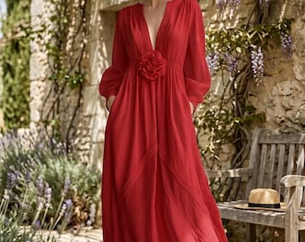 Elegant maxi dress featuring a chic floral waist. Perfect for summer weddings, beach vacations, or garden parties. Flowy and effortless.
