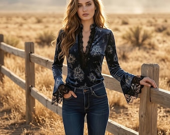 Vintage Boho Navy Floral Blouse Black Lace V Neck Flare Sleeve Western Shirt Retro Fitted Women Elegant Long Sleeve Top