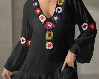 bohemian style crochet floral cover up dress featuring bell sleeves perfect for beach vacations and casual wear
