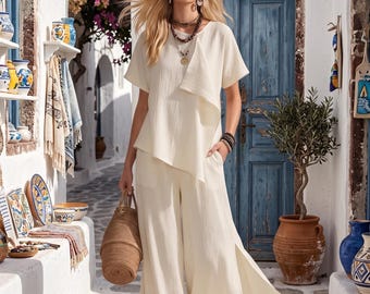 Boho Two Piece loose fit Top & Split Wide Leg Pants Set,Mediterranean Vacation Casual Matching Suit, Women Travel Beach Co-ord Set